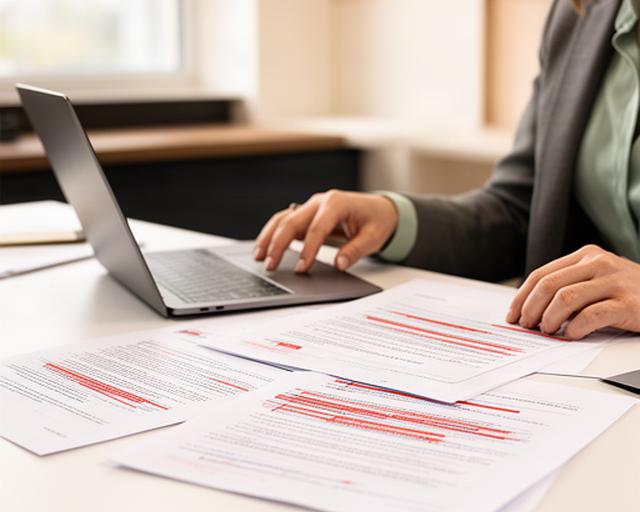 Business owner reviewing marked-up contract pages beside a laptop in a bright Staffordshire office