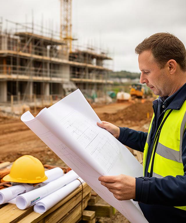 Construction manager reviewing a marked blueprint beside a building site in Staffordshire