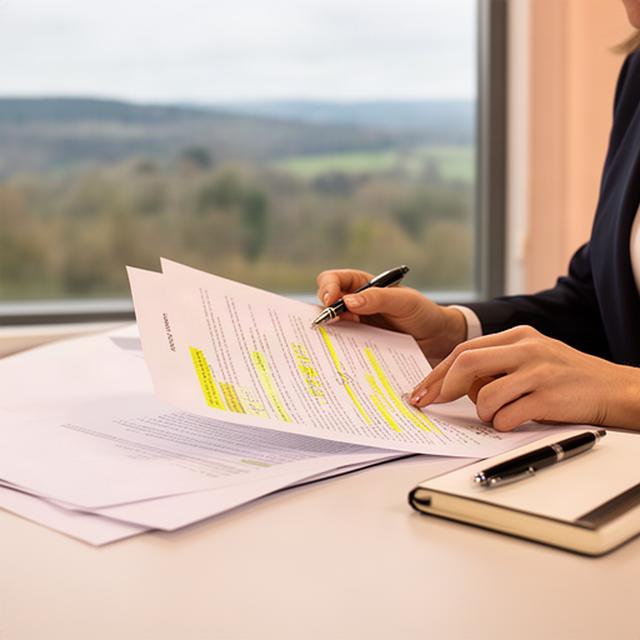Contract solicitor reviewing marked-up business agreements at a desk in Cannock Chase